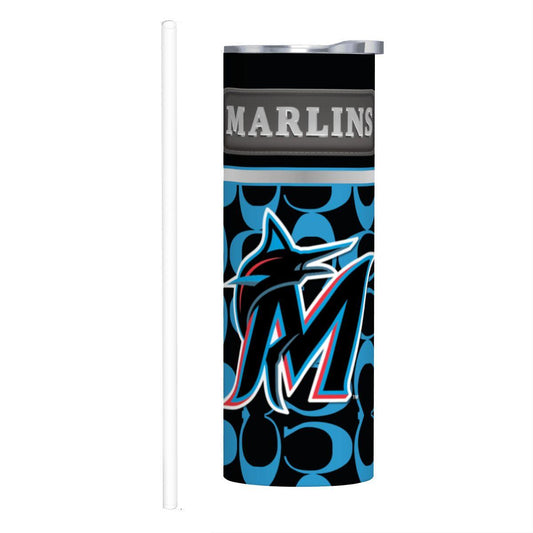 ColorFlow | Miami Marlins Inspired Fashion 20oz Skinny Stainless Steel Tumbler With Straw Sleek MLB Style Drinkware
