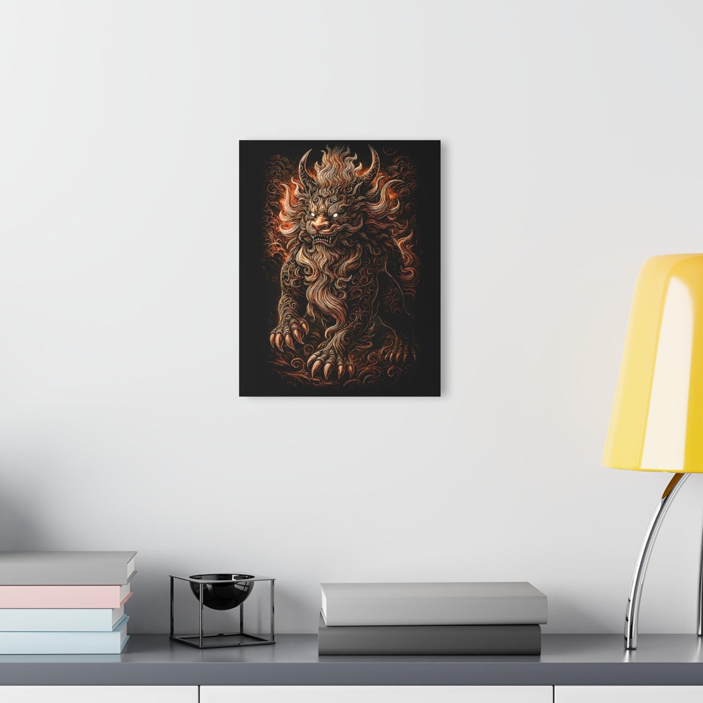ColorFlow | Golden Flame Guardian Beast Metal Sign Mythical Asian Lion Wall Art Bold Fantasy Decor