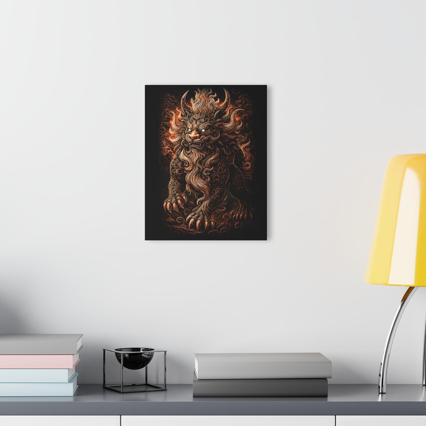 ColorFlow | Golden Flame Guardian Beast Metal Sign Mythical Asian Lion Wall Art Bold Fantasy Decor