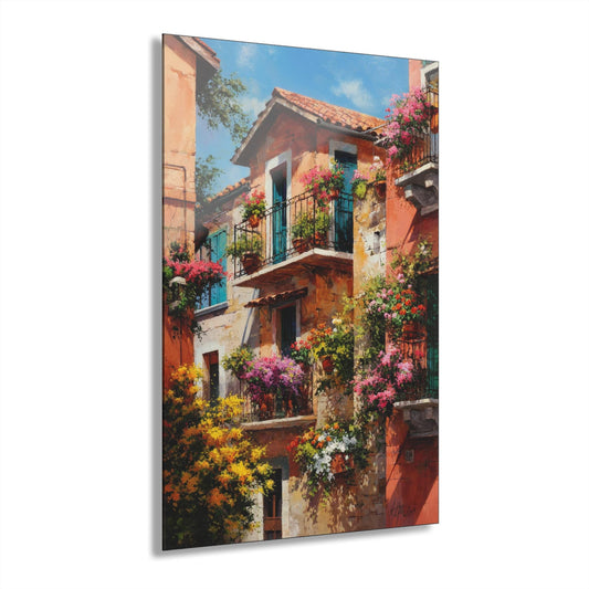 ColorFlow | Mediterranean Floral Balcony Metal Wall Art | Italian Village Inspired Decor | Colorful European Street Wall Accent