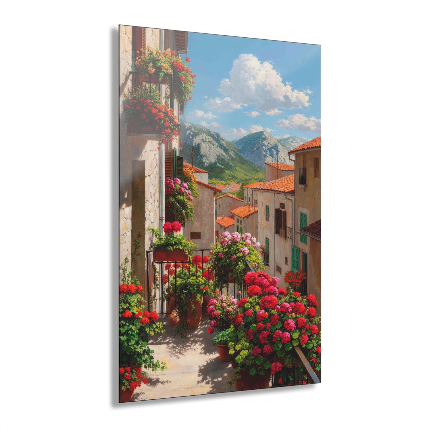 ColorFlow | Charming Mountain Village Metal Wall Art | Scenic European Town Decor | Rustic Balcony Flower Wall Accent