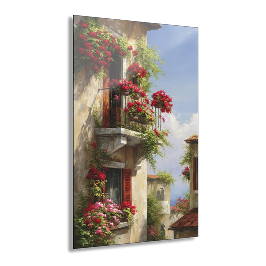 ColorFlow | Romantic Italian Balcony Metal Wall Art | Red Geranium Cottage Decor | European Coastal Home Accent