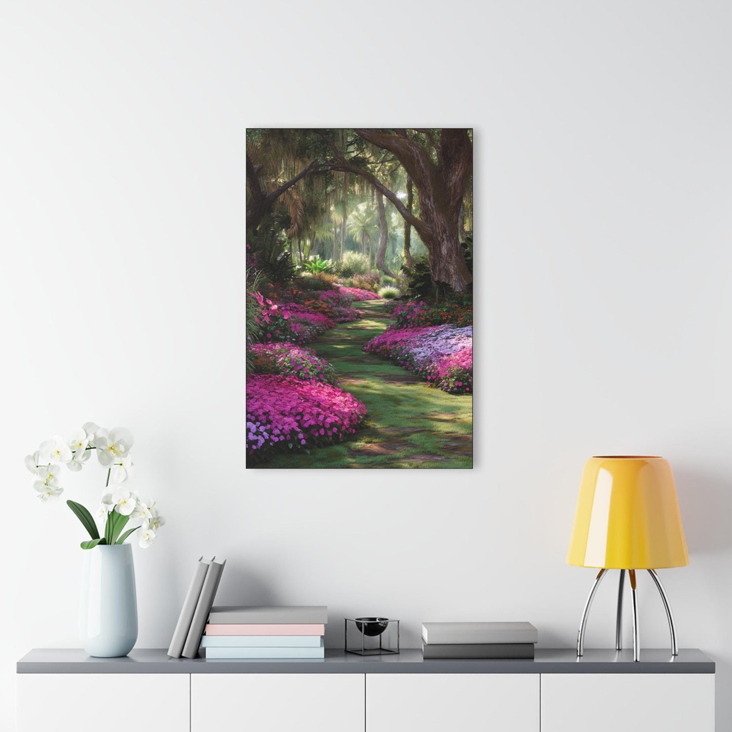 ColorFlow | Tropical Pink Garden Path Metal Wall Art | Lush Botanical Landscape Decor | Vibrant Nature Wall Statement