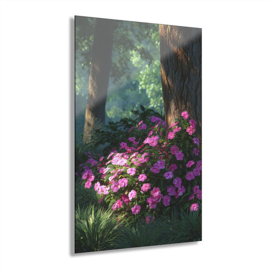 ColorFlow | Sunlit Forest Flower Bed Metal Wall Art | Pink Woodland Garden Decor | Serene Nature Wall Accent