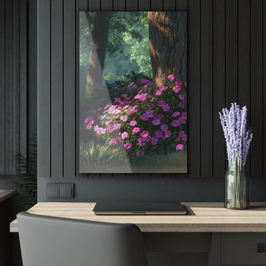 ColorFlow | Sunlit Forest Flower Bed Metal Wall Art | Pink Woodland Garden Decor | Serene Nature Wall Accent