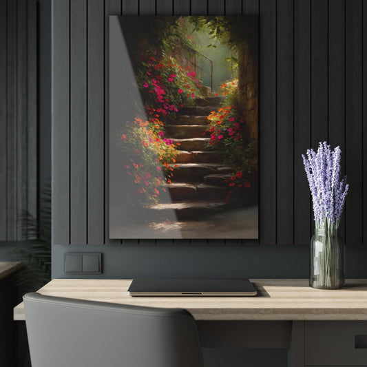 ColorFlow | Secret Garden Stone Stairway Metal Wall Art | Romantic Floral Steps Decor | Enchanted Cottage Wall Statement