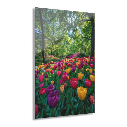 ColorFlow | Sunlit Tulip Meadow Metal Wall Art | Bright Spring Woodland Decor | Lush Floral Landscape Wall Accent