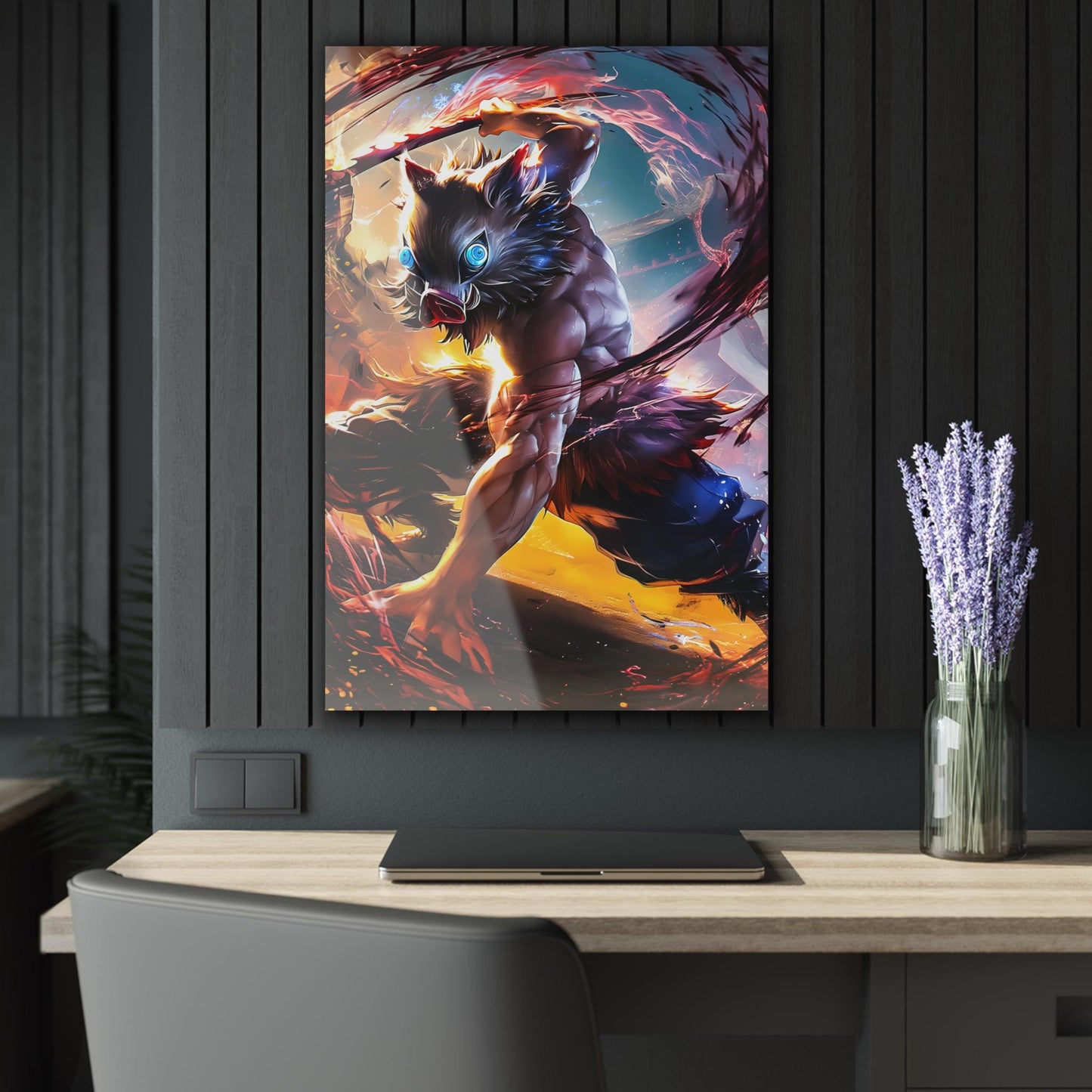 ColorFlow | Beast Mask Dual Blade Fighter Anime Metal Wall Art | Fierce Samurai Manga Decor