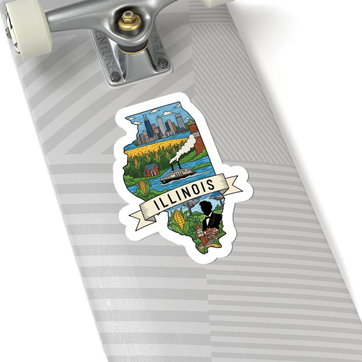 Illinois State Vinyl Sticker | Chicago Skyline, Cornfields, Riverboat Art (Waterproof)