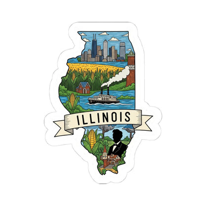Illinois State Vinyl Sticker | Chicago Skyline, Cornfields, Riverboat Art (Waterproof)
