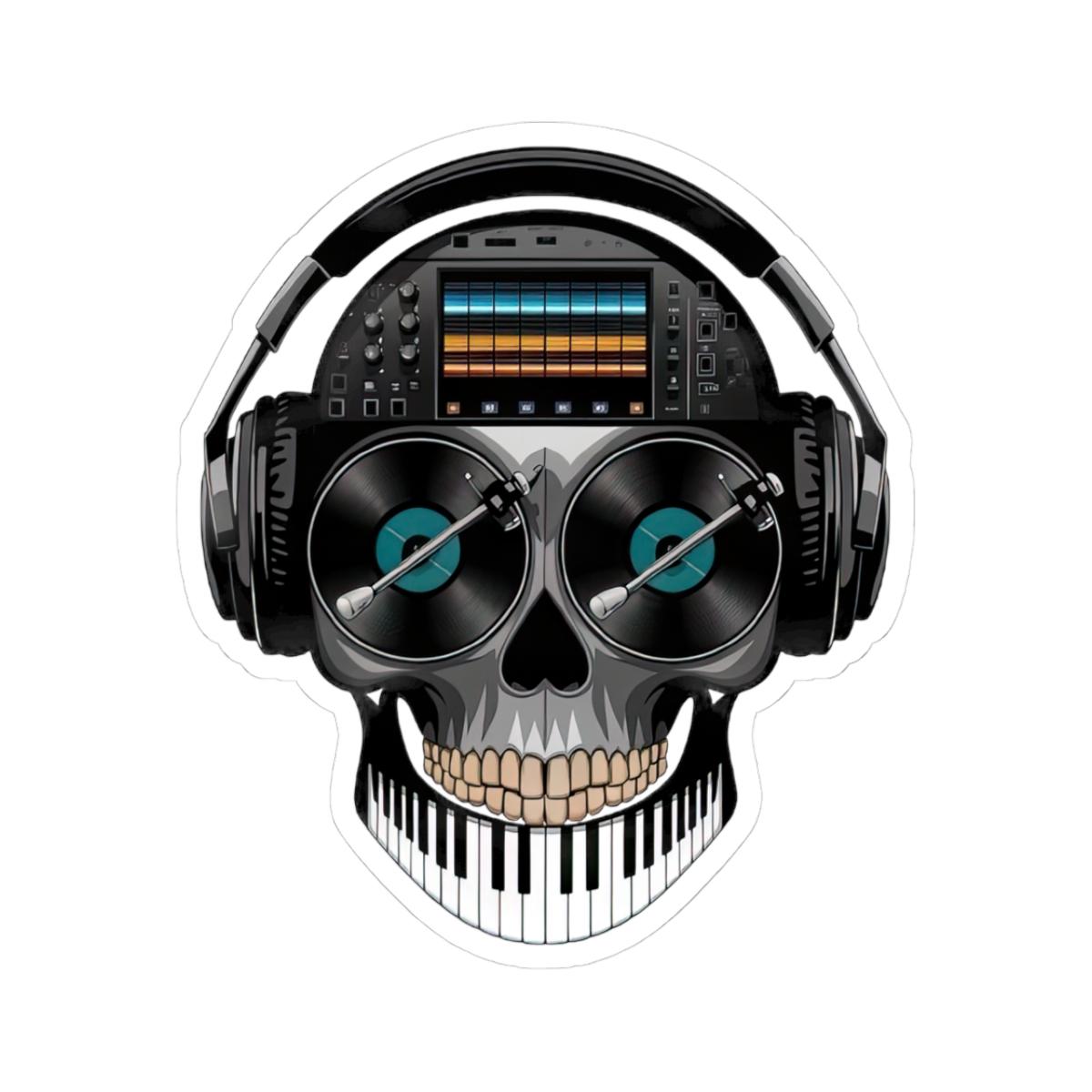 DJ Skull Sticker | Turntables, Headphones, Mixer, Piano Teeth (Waterproof Vinyl)