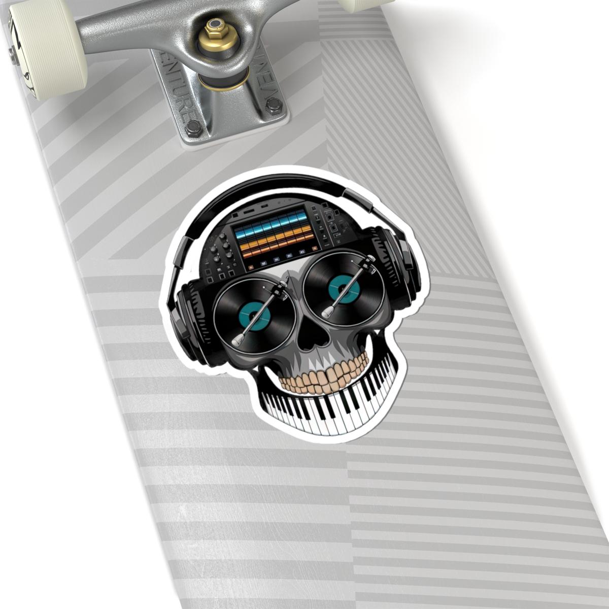 DJ Skull Sticker | Turntables, Headphones, Mixer, Piano Teeth (Waterproof Vinyl)