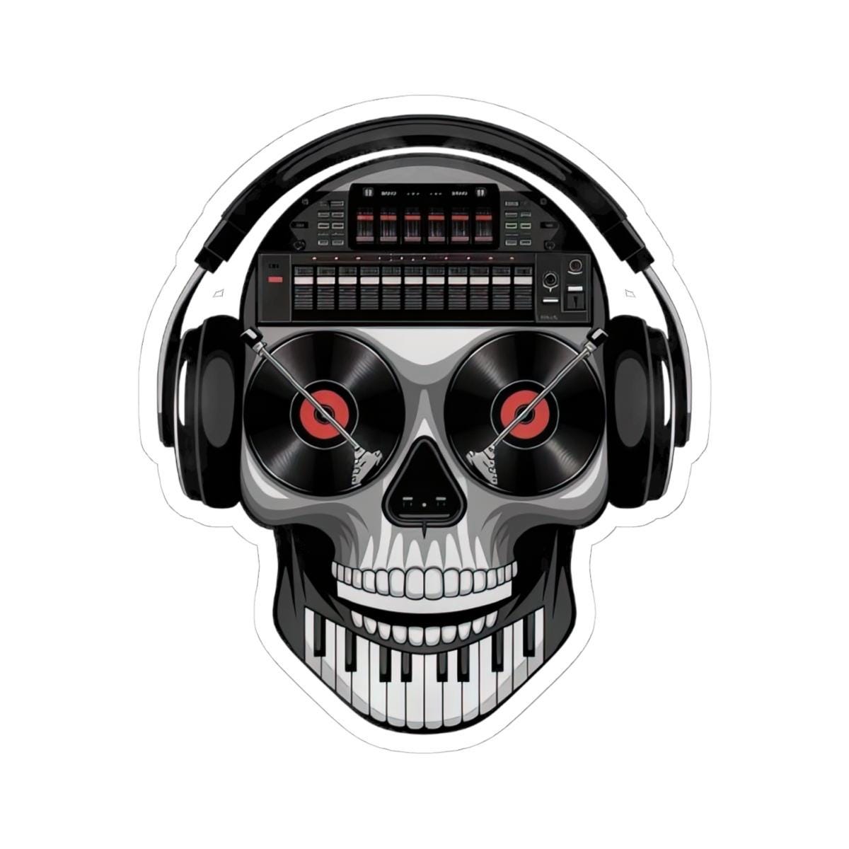 DJ Skull Sticker | Turntable Eyes, Piano Teeth, Headphones (Waterproof Vinyl)