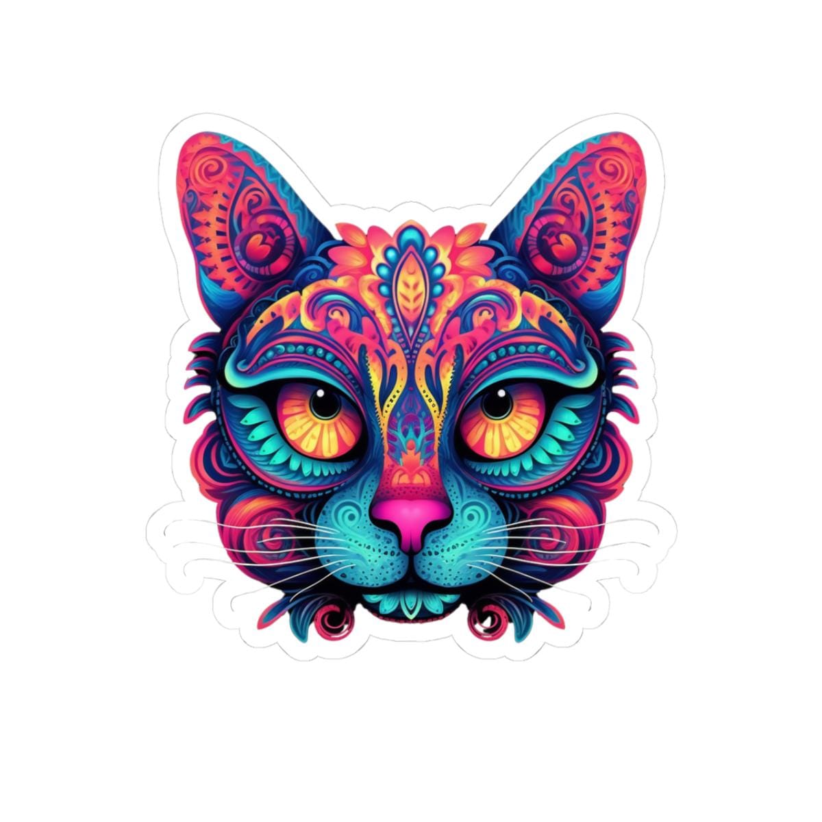 Trippy Cat Sticker | Psychedelic Neon Floral Vinyl Decal (Laptop Art)