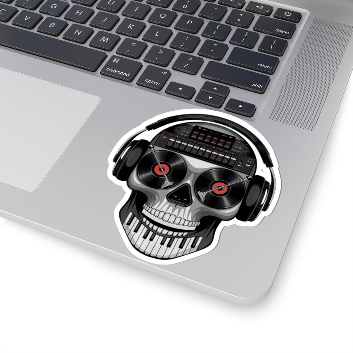 DJ Skull Sticker | Turntable Eyes, Piano Teeth, Headphones (Waterproof Vinyl)