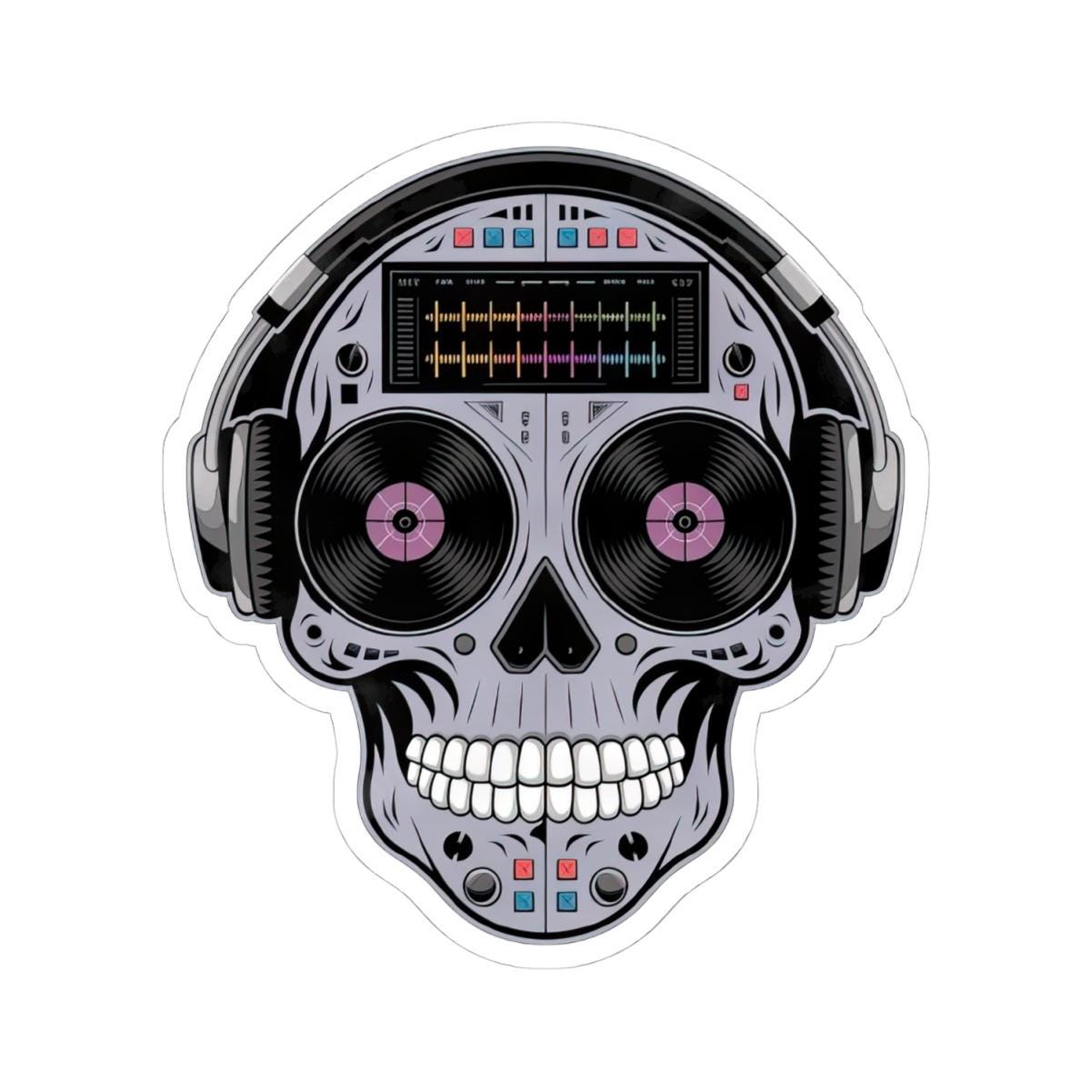 DJ Skull Sticker | Headphones, Turntable, Vinyl Record Art (Glossy)