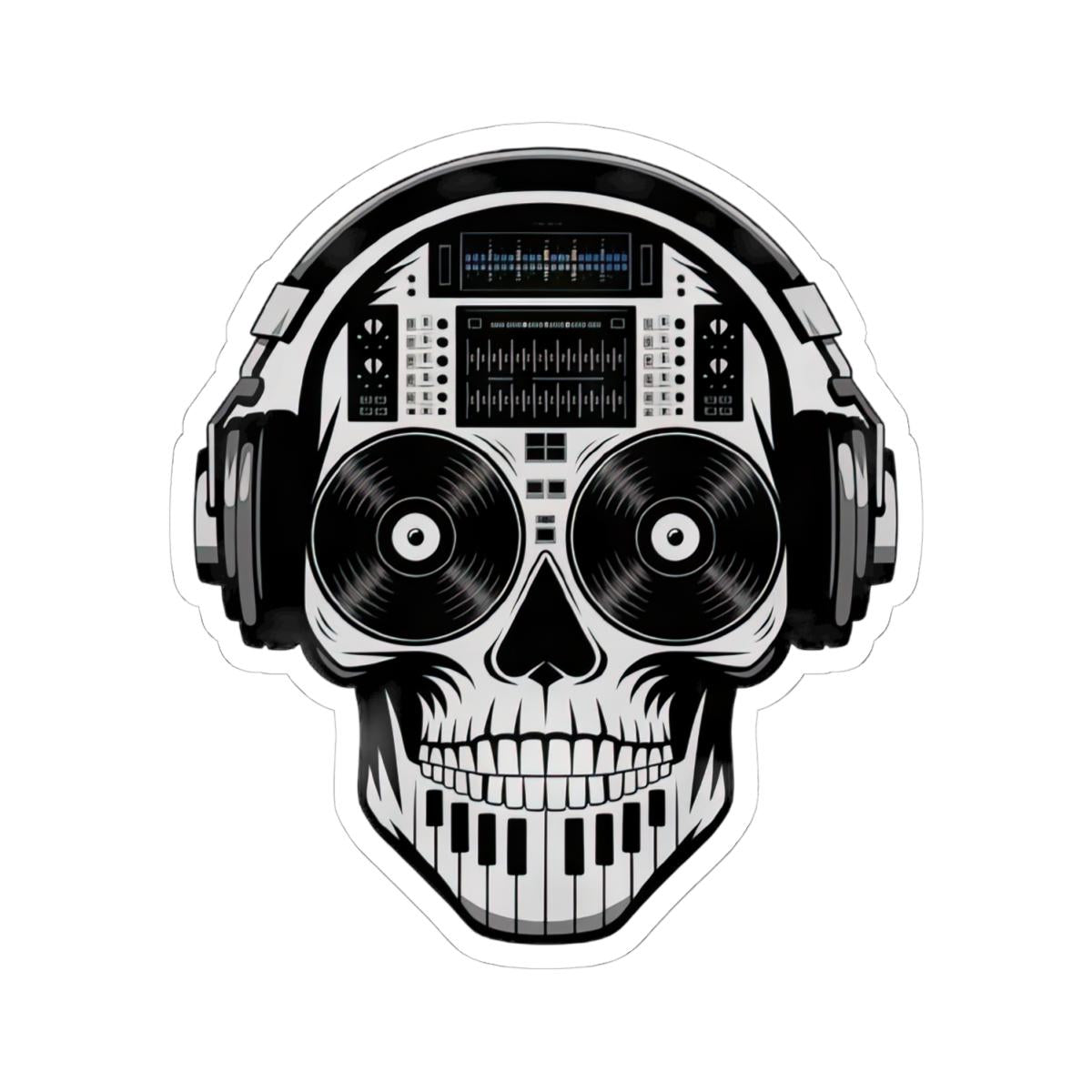 DJ Skull Sticker | Waterproof Vinyl Decal with Headphones, Turntable, Piano Keyboard