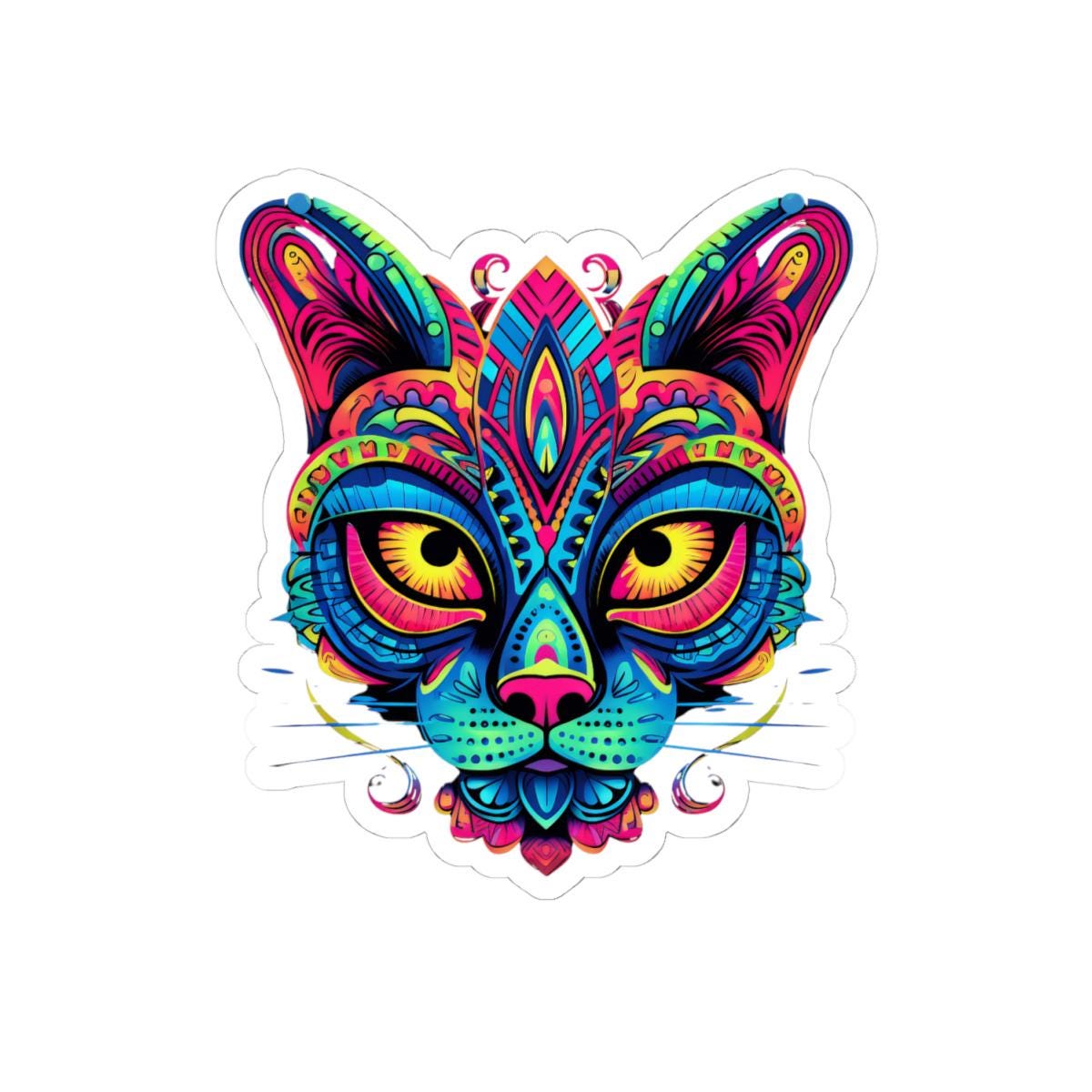 Psychedelic Cat Sticker | Rainbow Mandala Art, Trippy Neon Feline Vinyl Decor