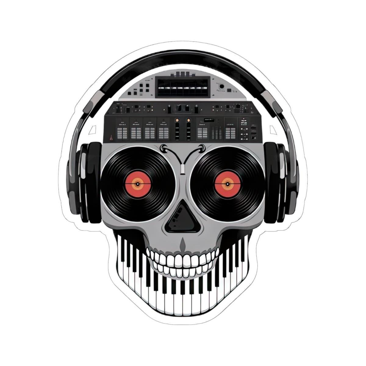 DJ Skull Sticker | Vinyl Eyes, Headphones, Piano Teeth (Kiss Cut Decal)