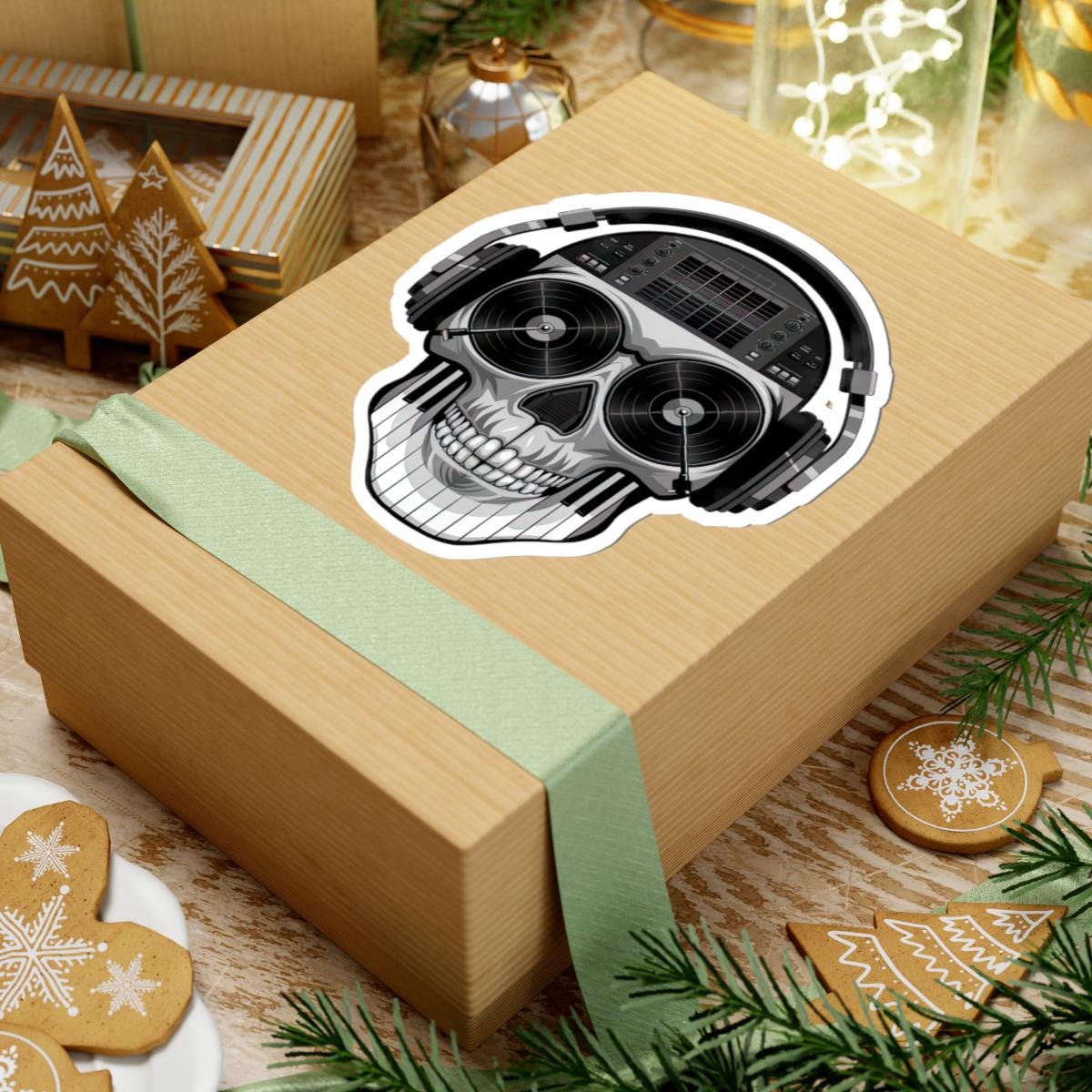 DJ Skull Sticker | Grayscale Vinyl Decal with Headphones, Records, Piano Keys