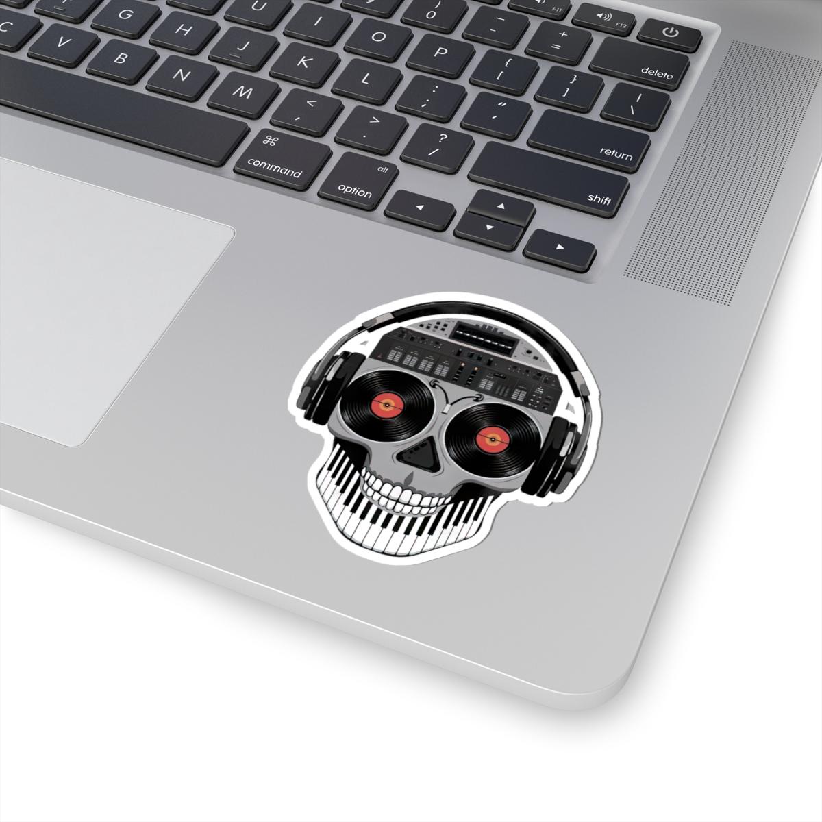 DJ Skull Sticker | Vinyl Eyes, Headphones, Piano Teeth (Kiss Cut Decal)