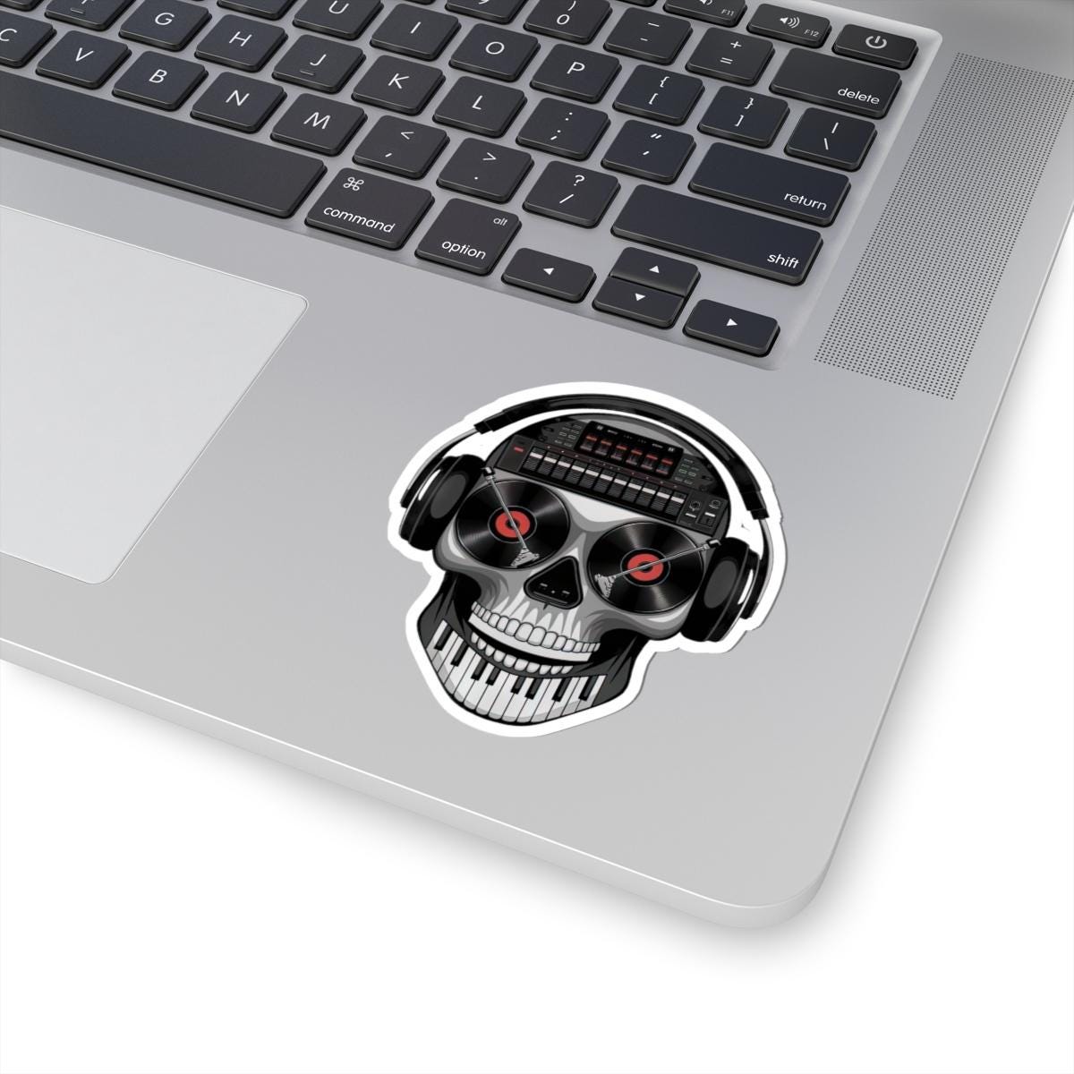 DJ Skull Sticker | Turntable Eyes, Piano Teeth, Headphones (Waterproof Vinyl)