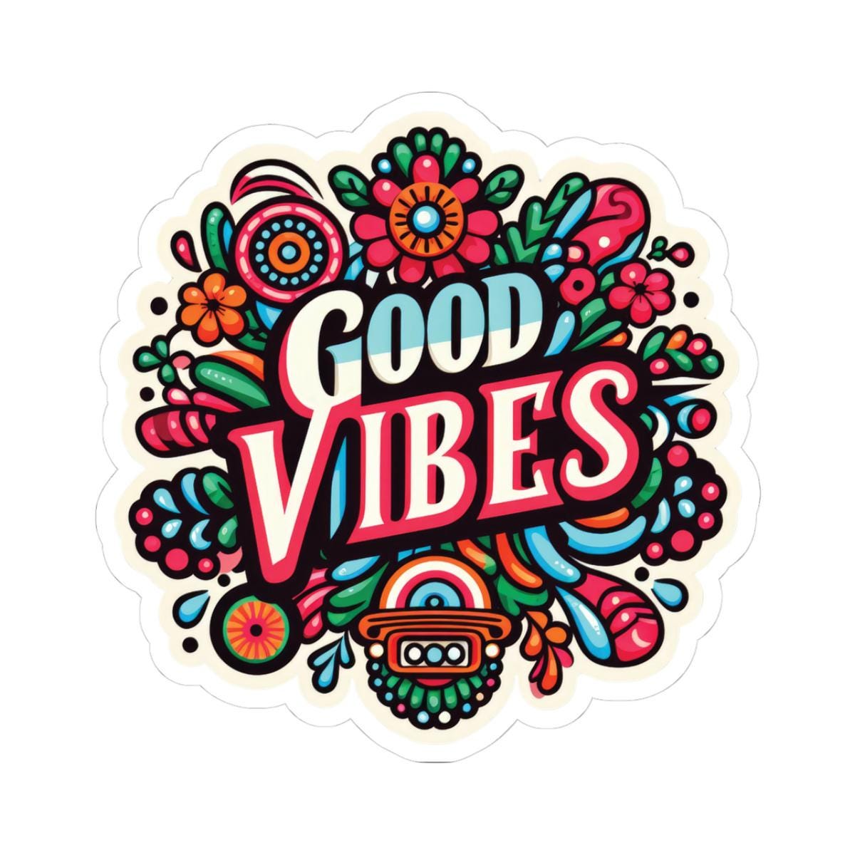 Good Vibes Retro Floral Vinyl Sticker | Boho Uplifting Decal
