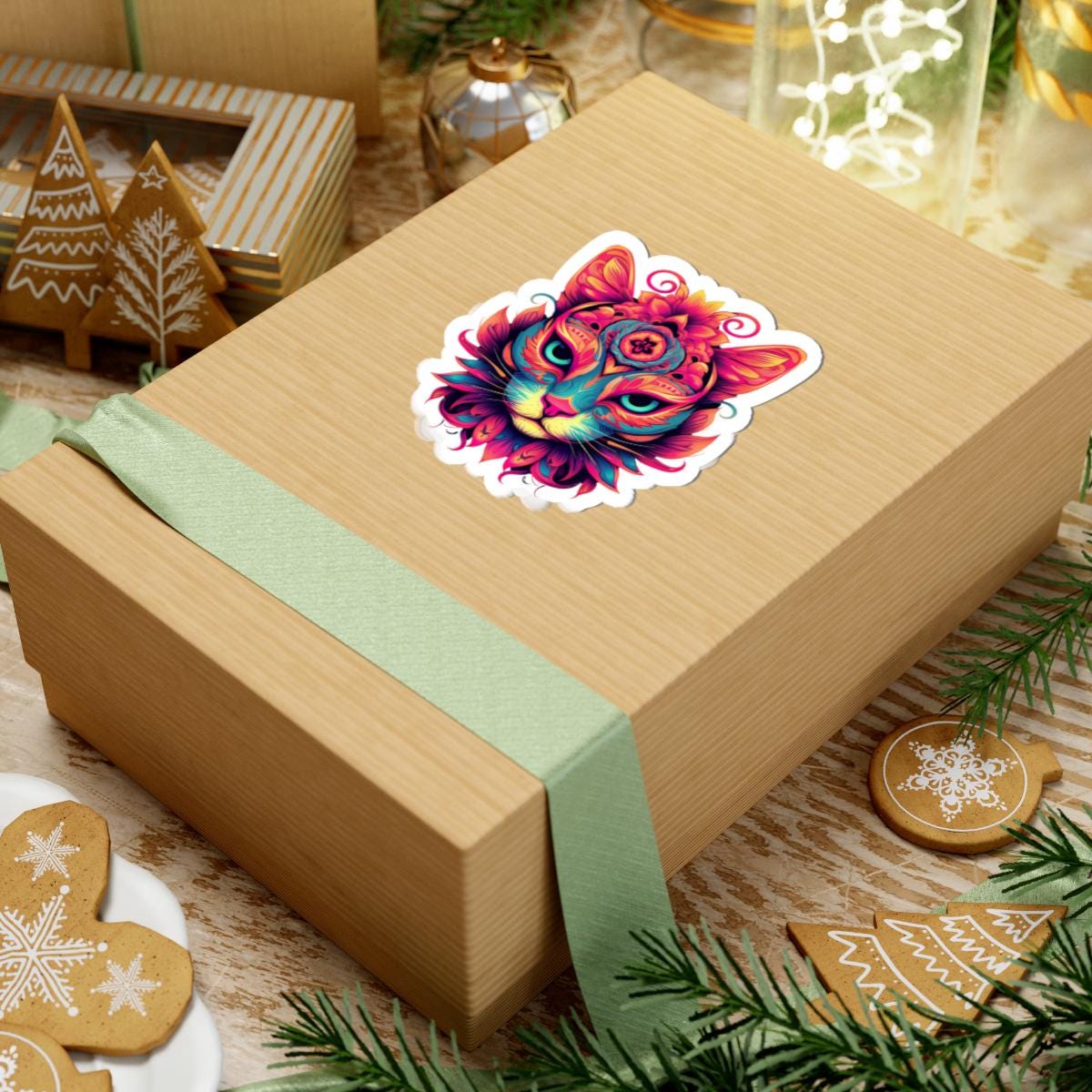 Psychedelic Cat Sticker | Vibrant Floral Trippy Vinyl Decal (Waterproof)