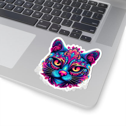 Psychedelic Cat Sticker | Neon Trippy Feline Vinyl Decal, Boho Rainbow Art (Waterproof)