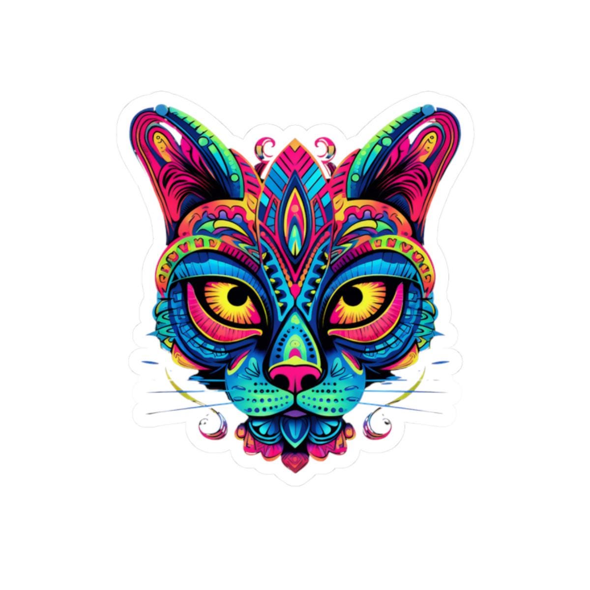 Psychedelic Cat Sticker | Rainbow Mandala Art, Trippy Neon Feline Vinyl Decor