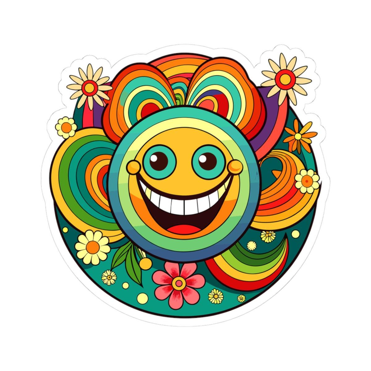 Retro Rainbow Emoji Sticker | Groovy Smiley Face Vinyl Decal (Waterproof)