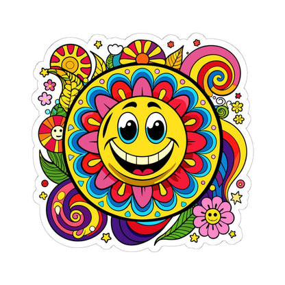 Groovy Sunflower Emoji Sticker | Retro Smiley Face Vinyl Decal, Laptop, Water Bottle Decor