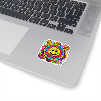 Groovy Sunflower Emoji Sticker | Retro Smiley Face Vinyl Decal, Laptop, Water Bottle Decor