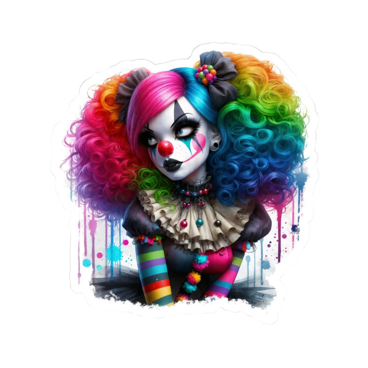 Rainbow Gothic Clown Sticker | Creepy Circus Doll Art (Glossy Vinyl)