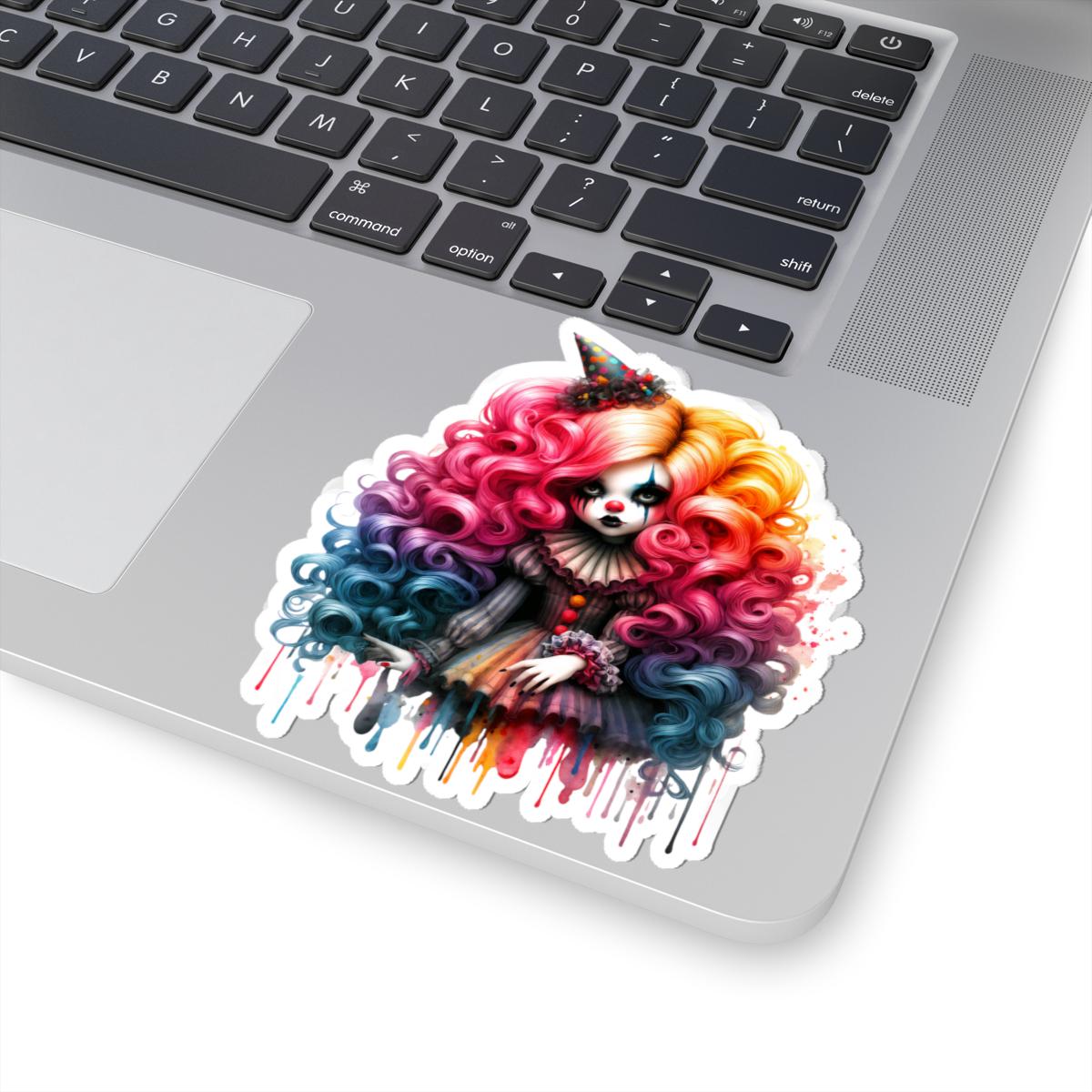 ColorFlow | Pastel Circus Doll Sticker | Rainbow Curls Creepy Cute Clowncore Art | Gothic Jester Alt Aesthetic Decal