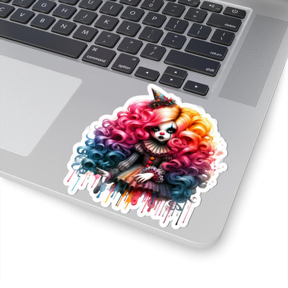 ColorFlow | Pastel Circus Doll Sticker | Rainbow Curls Creepy Cute Clowncore Art | Gothic Jester Alt Aesthetic Decal