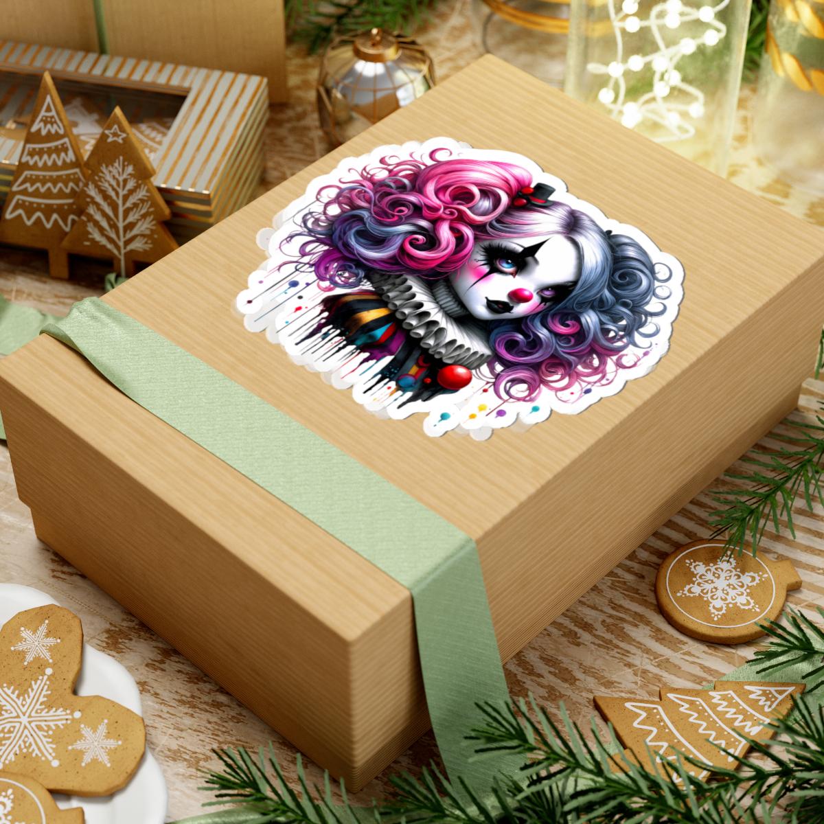 ColorFlow | Gothic Circus Doll Sticker | Pink Blue Curly Hair Clowncore Art | Alt Kawaii Jester Aesthetic Decal