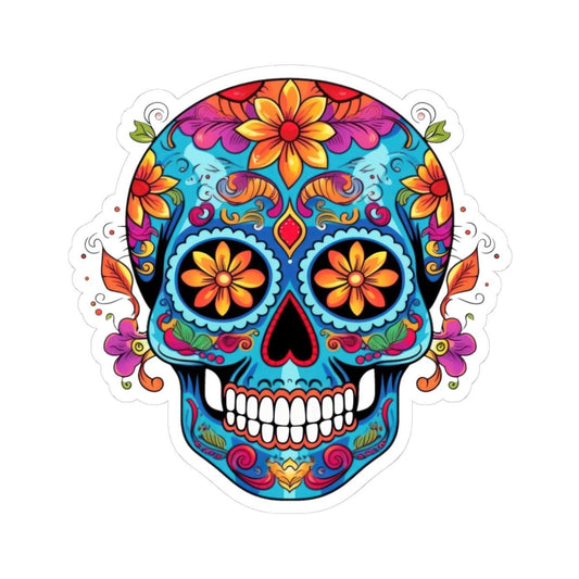Vibrant Sugar Skull Sticker | Orange Flowers, Calavera Vinyl Art (Waterproof)