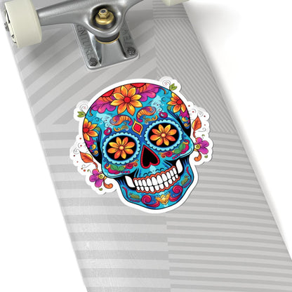 Vibrant Sugar Skull Sticker | Orange Flowers, Calavera Vinyl Art (Waterproof)