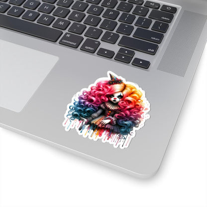 ColorFlow | Pastel Circus Doll Sticker | Rainbow Curls Creepy Cute Clowncore Art | Gothic Jester Alt Aesthetic Decal