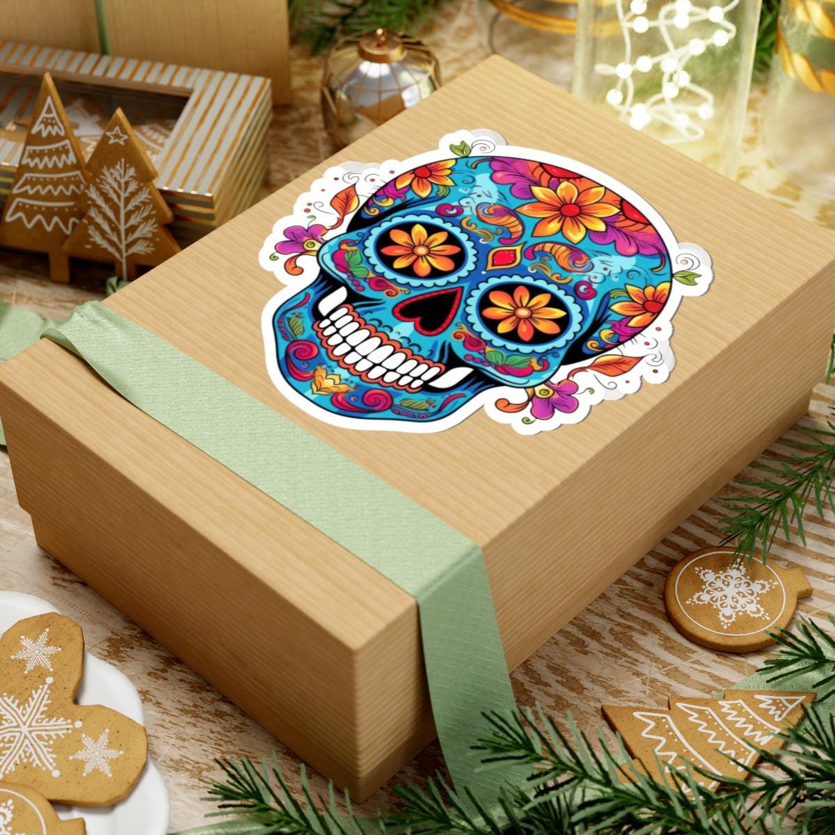 Vibrant Sugar Skull Sticker | Orange Flowers, Calavera Vinyl Art (Waterproof)