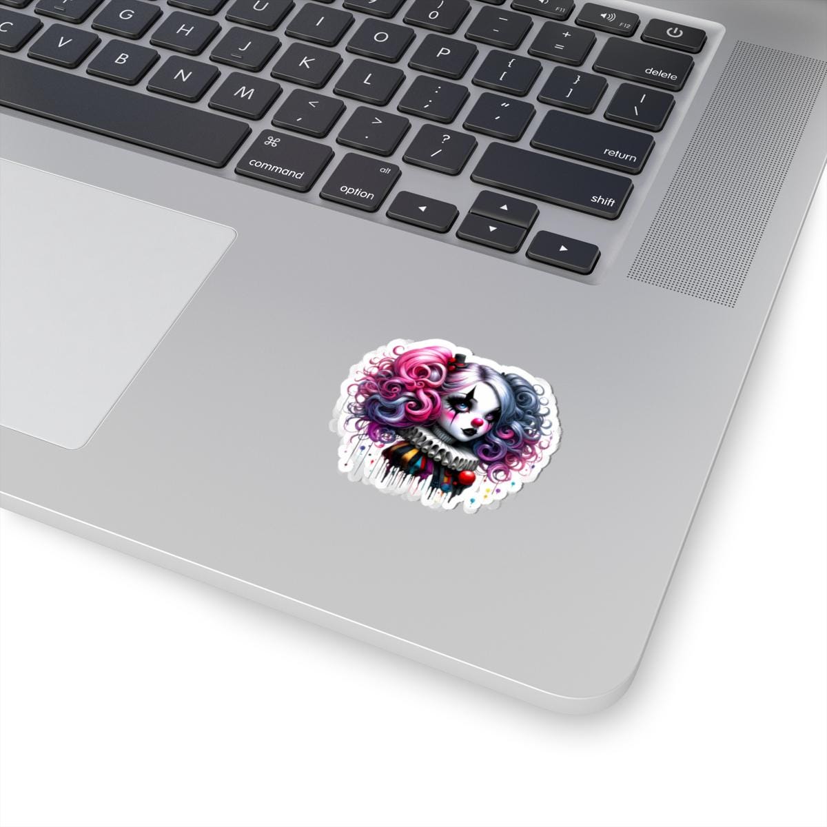 ColorFlow | Gothic Circus Doll Sticker | Pink Blue Curly Hair Clowncore Art | Alt Kawaii Jester Aesthetic Decal