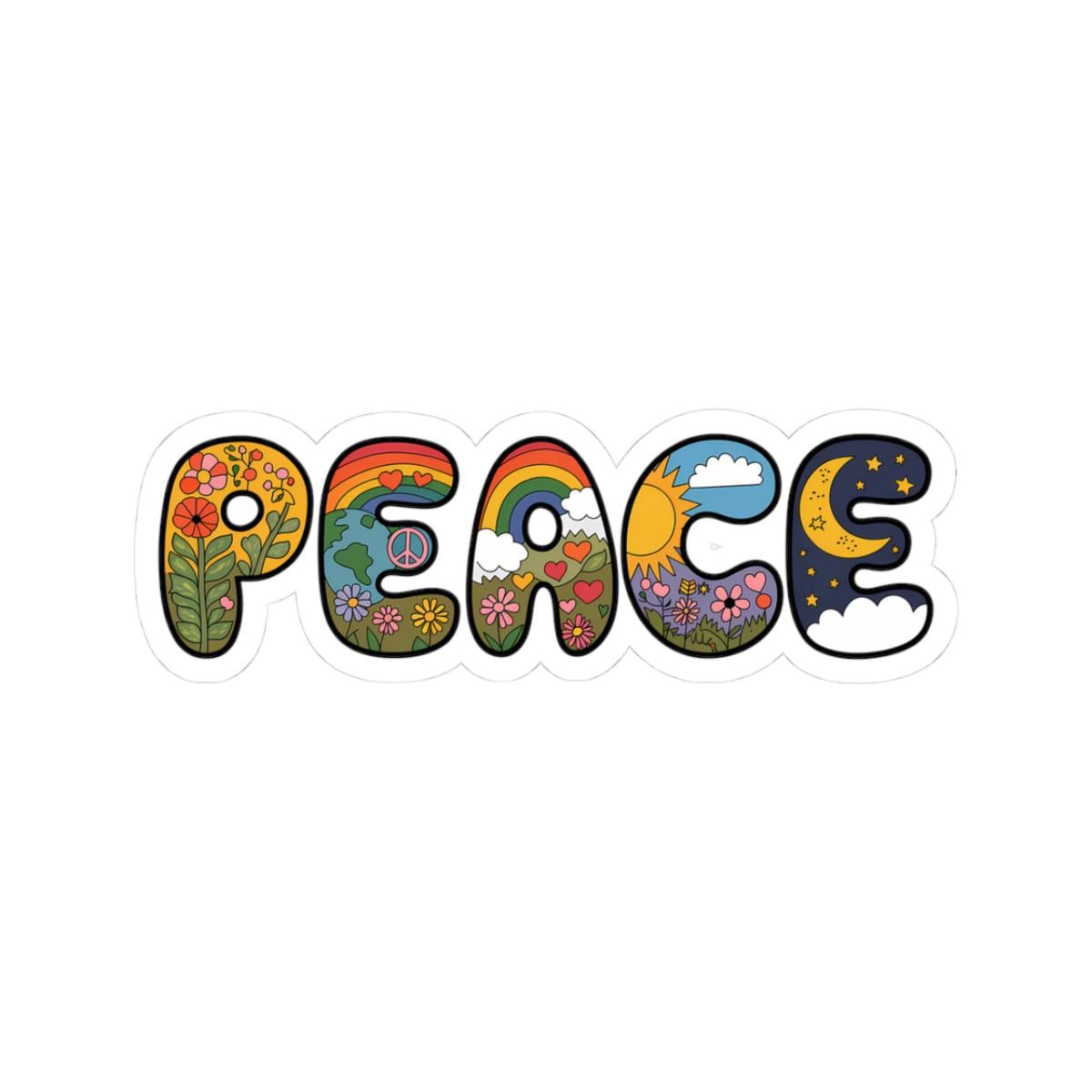 ColorFlow | Peace Word Art Sticker Groovy Hippie Retro Vinyl Decal with Rainbows Flowers Moon Earth Waterproof Glossy Kiss Cut Sticker