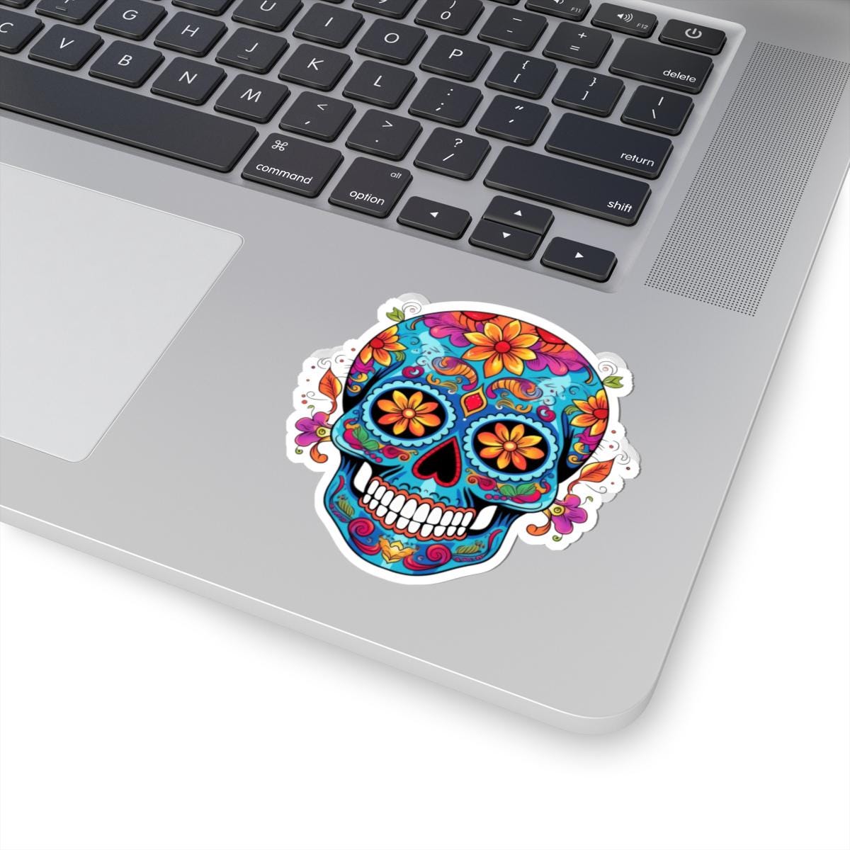 Vibrant Sugar Skull Sticker | Orange Flowers, Calavera Vinyl Art (Waterproof)