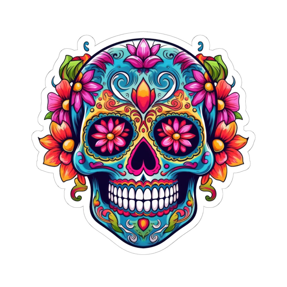 ColorFlow | Teal Sugar Skull Sticker with Floral Eyes | Dia de los Muertos Waterproof Decal | Boho Skull Art | Calavera Vinyl Sticker
