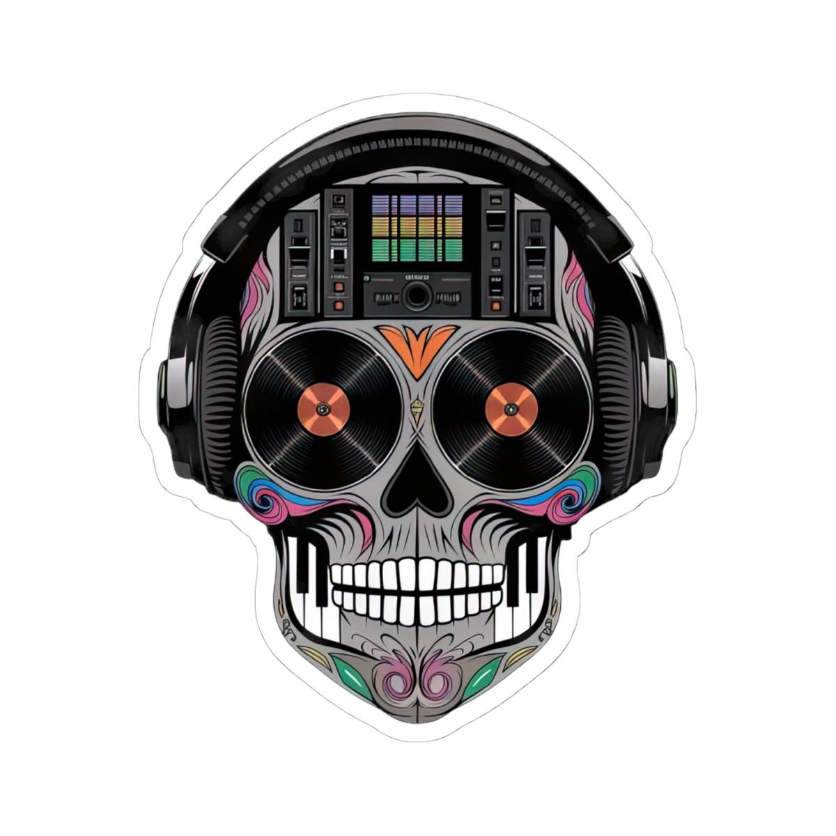 Sugar Skull DJ Sticker | Colorful Turntables, Mixer, Vinyl Music Decal (Waterproof)