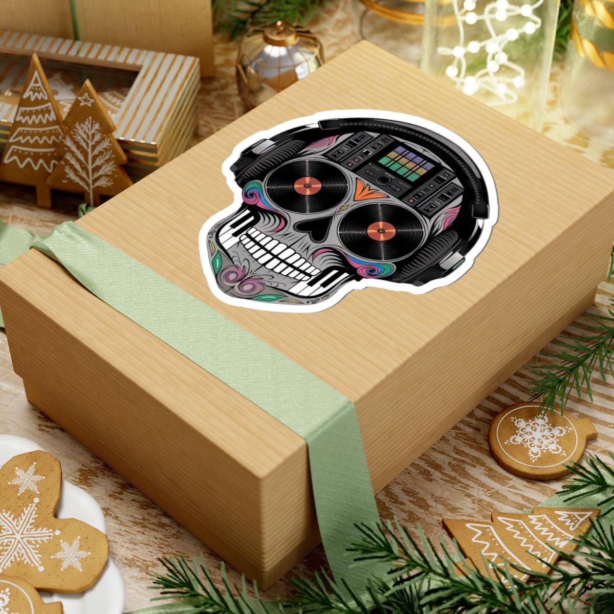 Sugar Skull DJ Sticker | Colorful Turntables, Mixer, Vinyl Music Decal (Waterproof)