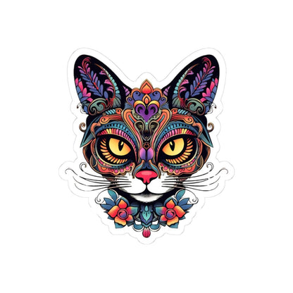 Floral Psychedelic Cat Sticker | Trippy Mandala Vinyl Decal, Yellow Eyes