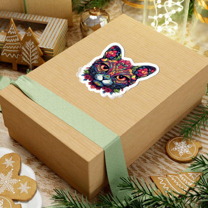 ColorFlow | Psychedelic Floral Cat Sticker with Roses and Orange Eyes | Boho Trippy Vinyl Decal for Laptop Water Bottle Journaling