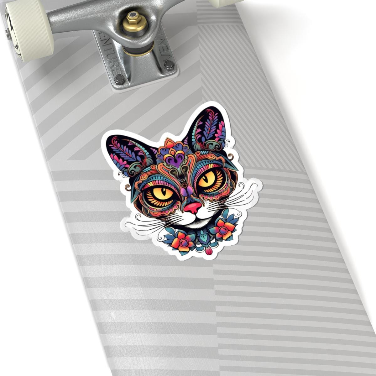 Floral Psychedelic Cat Sticker | Trippy Mandala Vinyl Decal, Yellow Eyes